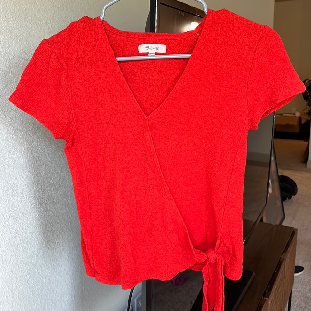 SOLD ON CROSSPOST Madewell 100% cotton bright red faux wrap blouse - Picture 4 of 8